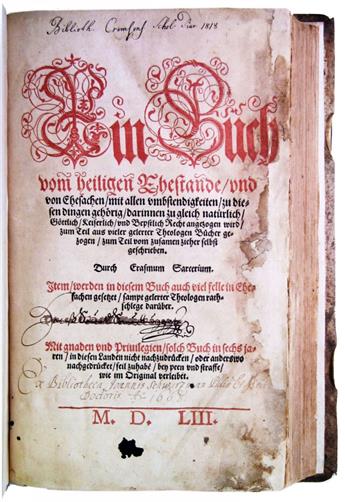 LAW  SARCERIUS, ERASMUS. Ein Buch vom heiligen Ehestande, und von Ehesachen.  1553